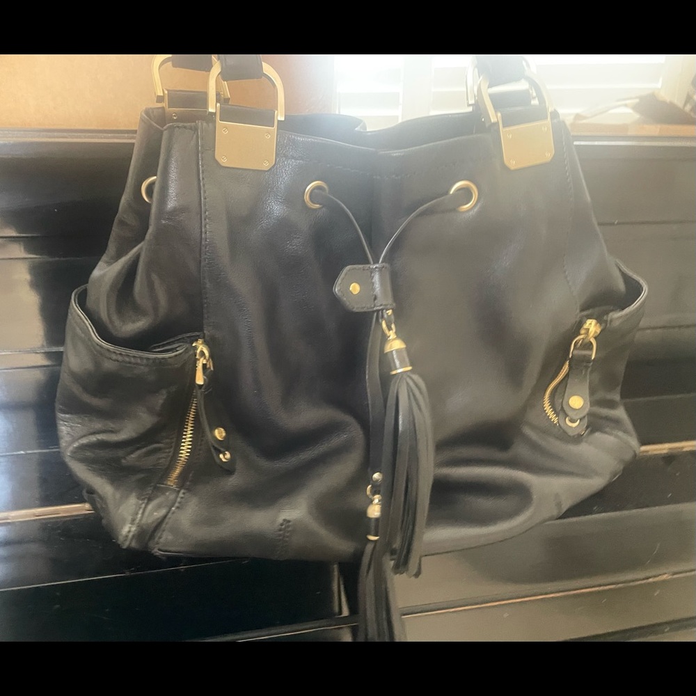 Cole Haan Black Drawstring Bucket Hobo Bag Tassle